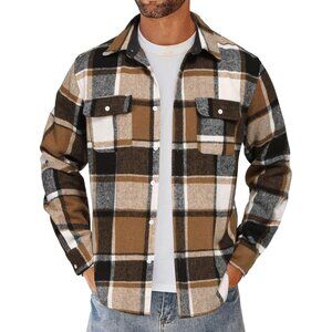 Men Khaki Flannel Shirts Long Sleeve Cotton Plaid Shirt Casual Button Down Shirt